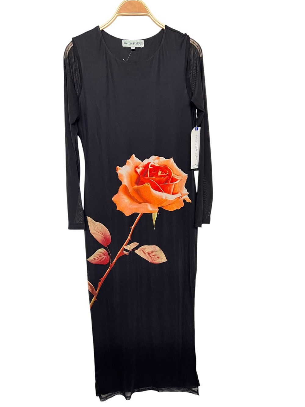 New Almost Famous Rose Floral Black Mesh Long Sleeve Maxi Dress